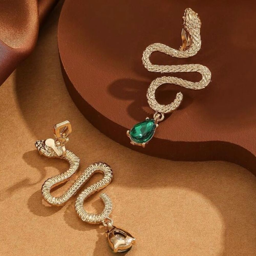 Gothic Vintage inspired Earrings Clip On, Gold Snake Green Jewel accent …